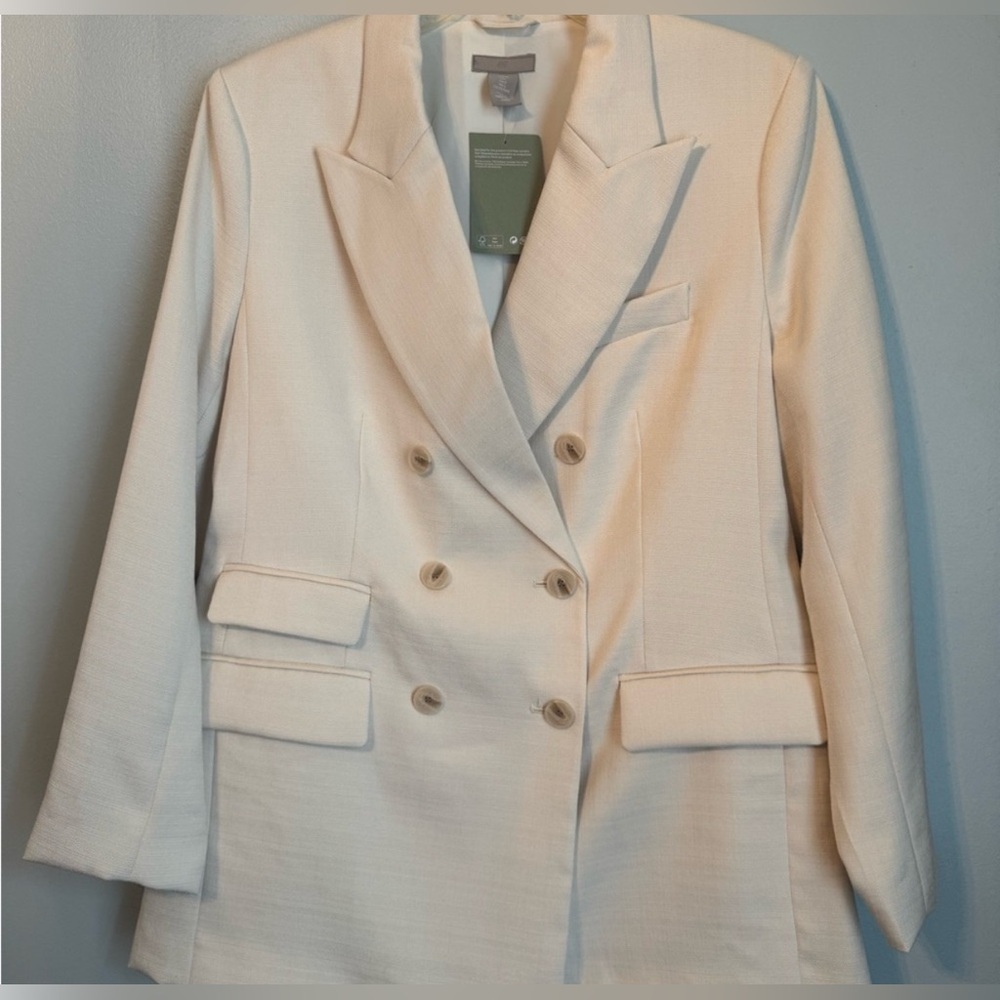H&M Cream Double-Breasted Blazer with Notched Lapels